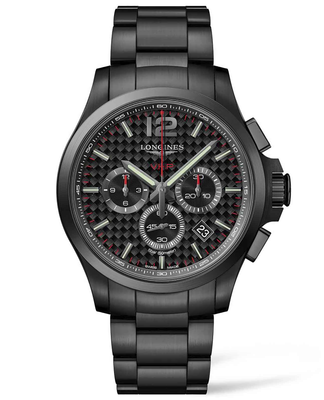 Longines Longines Conquest V.H.P. L3.727.2.66.6  L37272666 кварцевые мужские часы черный циферблат, браслет нержавеющая сталь — вид спереди